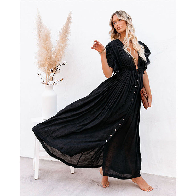 Einfarbiger Strandüberwurf, geflammter Stoff, Knopf-Taillengurt, langes Kleid, Sonnenschutzhemd