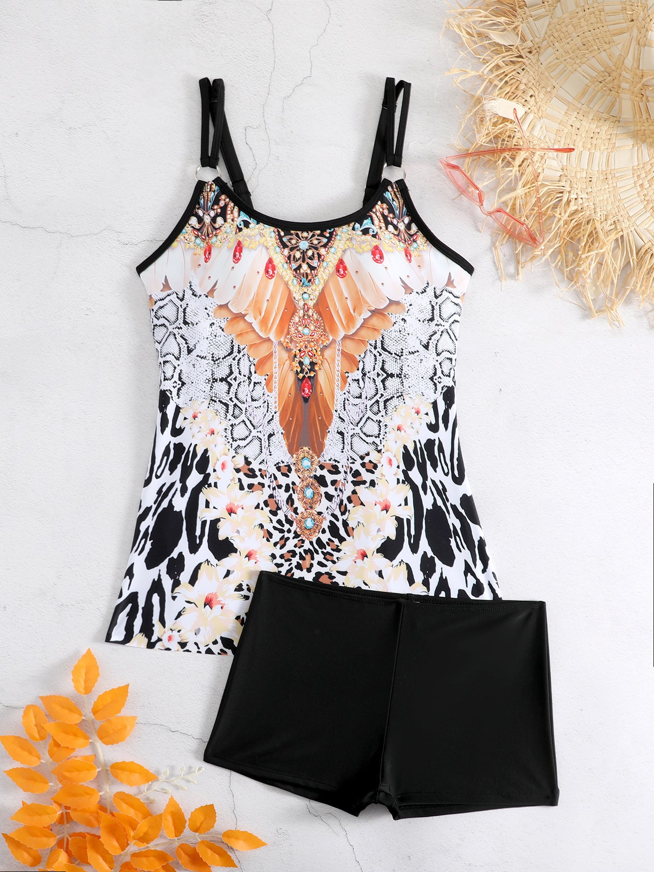 Bedruckter Split-Bikini mit Boxershorts für Damen