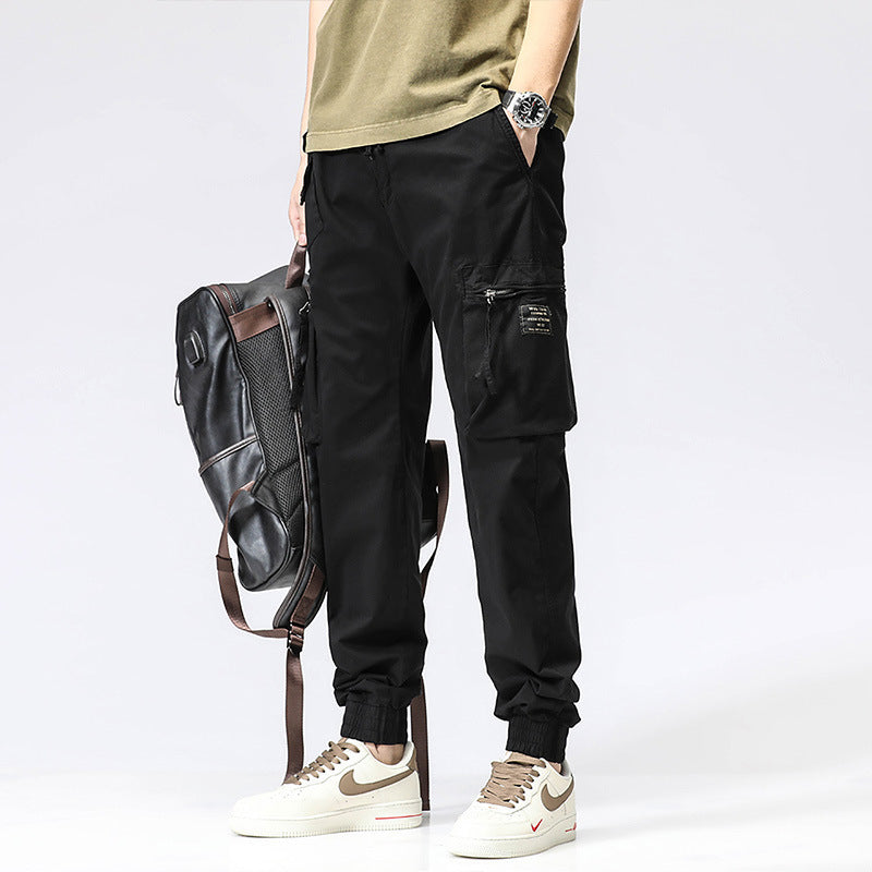 Freizeithose Trendy Brand Elastische Taille Herren Jugend Einfache Reine Baumwolle Multi-Pocket Arbeitshose Hose Knöchelgebunden