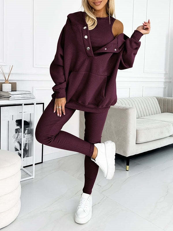 Athleisure-Kapuzenpullover mit eng anliegender Weste und Hose aus dickem Faden, dreiteiliges Set