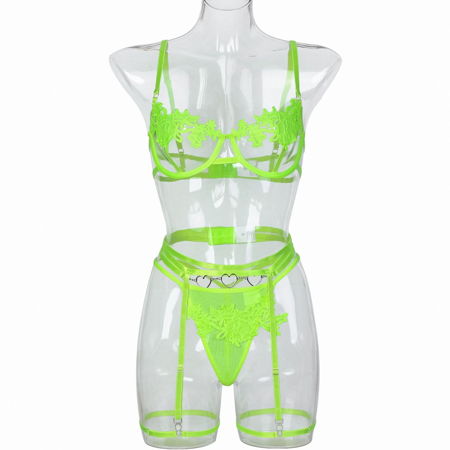 Fluoreszierendes grünes wasserlösliches Stickerei-Blumennetz-Brust-Hohl-Sexy-Unterwäsche-dreiteiliges Set
