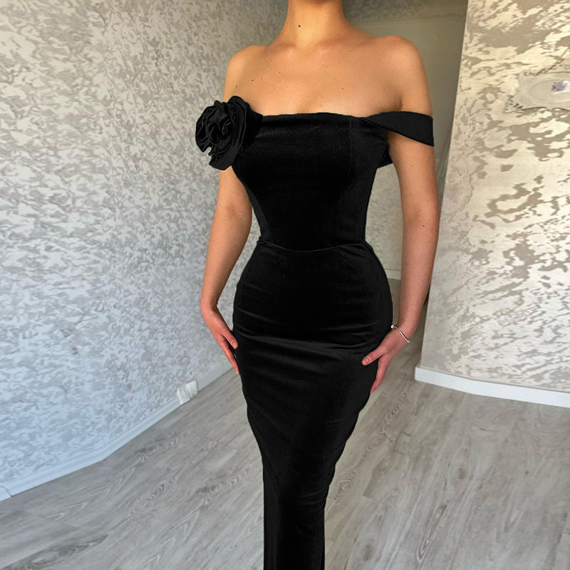 Slim-Fit Off-Shoulder-Kleid mit Blumenmuster aus Samt für Damen