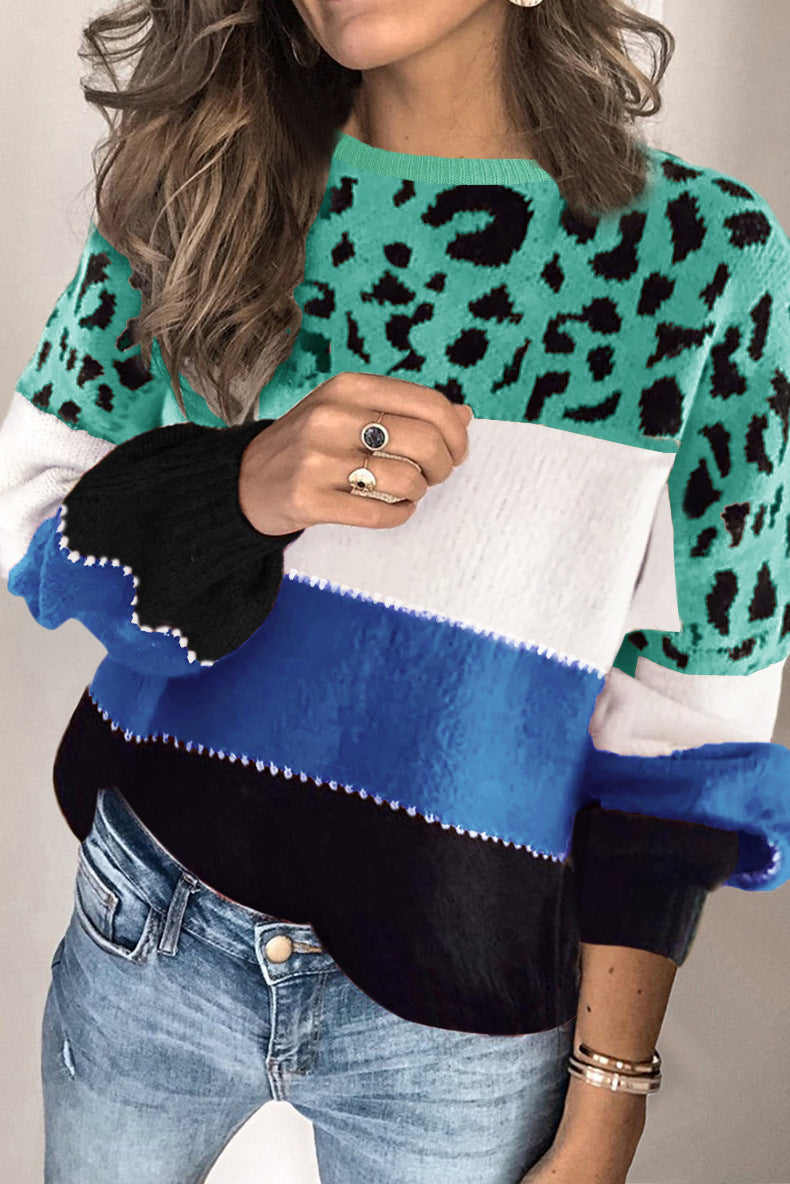 Pullover mit Rundhalsausschnitt und Leopardenmuster in Übergröße mit europäischen und amerikanischen Nähten