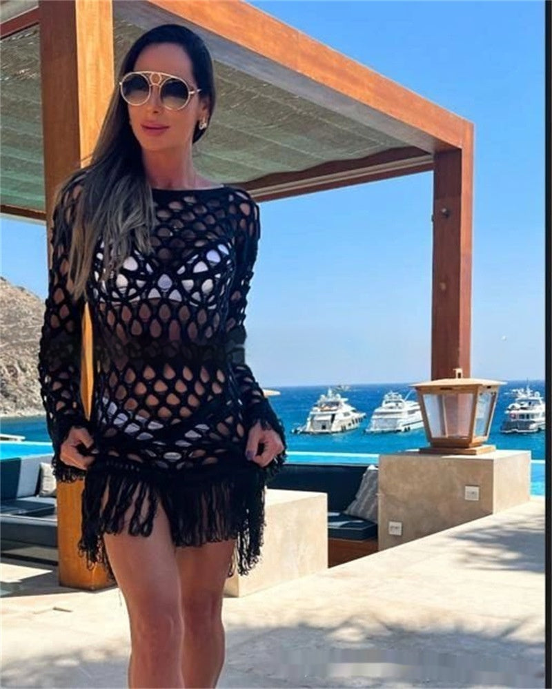 Strand Langarm Pullover Quaste Mesh Bluse