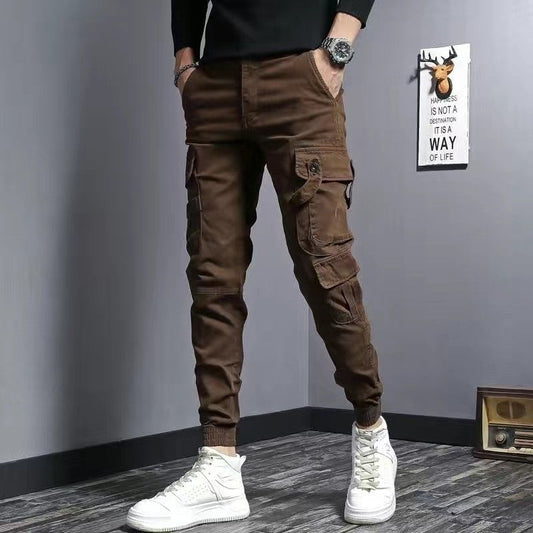 Kaffeefarbene Slim Fit elastische Freizeit-Arbeitshose aus Denim für Herren