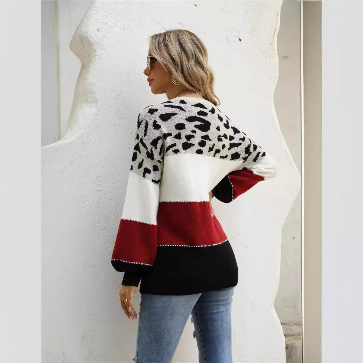 Pullover mit Rundhalsausschnitt und Leopardenmuster in Übergröße mit europäischen und amerikanischen Nähten