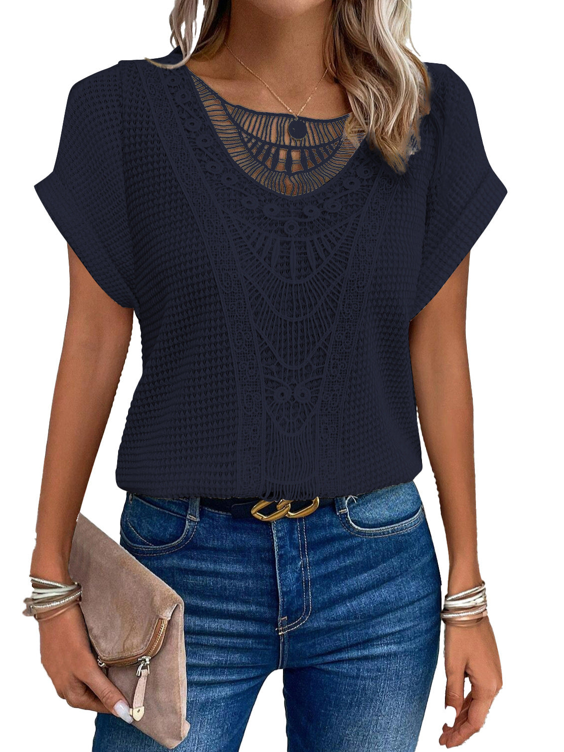 Sommer Aushöhlen Kurzarm T-shirt Damen Kleidung
