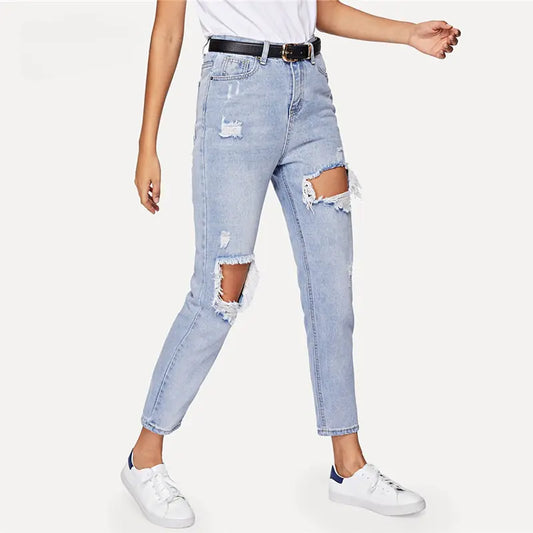 Zerrissene Jeans mit Cut-Outs für Damen, blaue Jeanshose