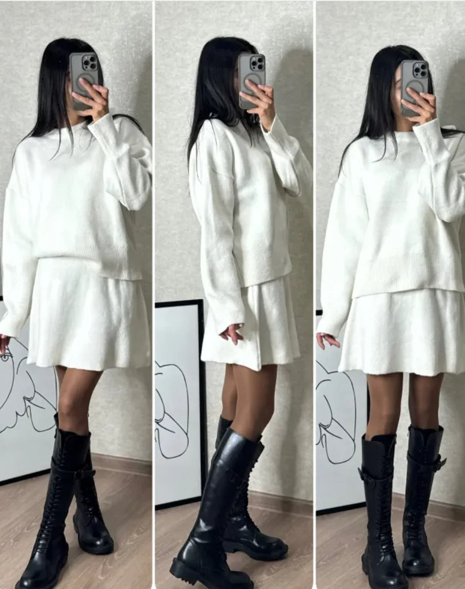Lässiges, vielseitiges Strickrock-Outfit im College-Stil in reiner Farbe für Damen