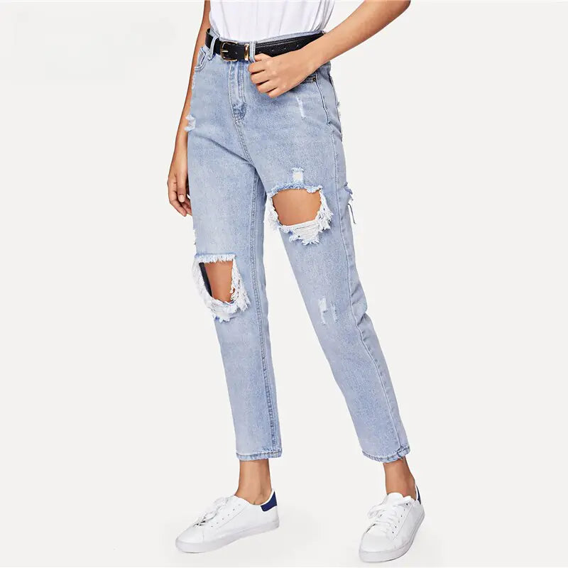 Zerrissene Jeans mit Cut-Outs für Damen, blaue Jeanshose